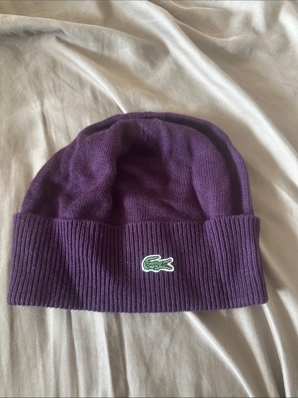 Lacoste Purple Ribbed Beanie with Crocodile Patch